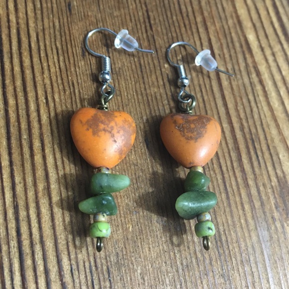 Hand Crafted Jewelry - Orange and Green Harvest Heart Ladies Earrings,  Handmade Ladies Earrings